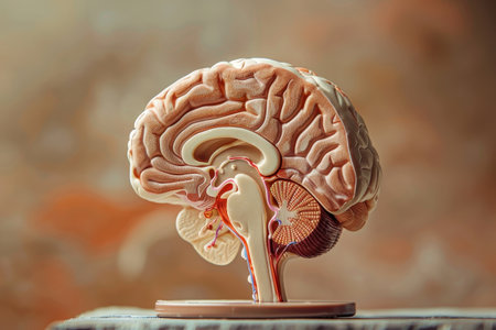 A model of a brain is sitting on a table. The brain is made of plastic and has a red colorの素材