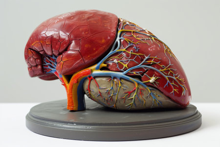 A heart with veins and branches is shown in a close up. The heart is red and has a yellowish tinge. The heart is surrounded by a white backgroundの素材