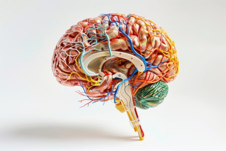 A brain with red, blue, and green veins. The veins are connected to the brain and are shown in different colors. The brain is the main focus of the image, and the veins are the secondary focusの素材