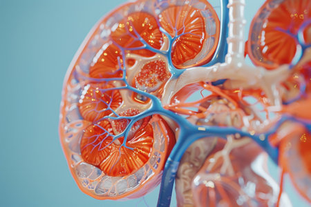 A close up of a pair of kidneys with red and orange blood vessels. The image is a representation of the human body and its internal organsの素材