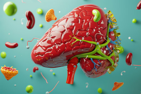 A colorful, 3D model of a human brain with red veins. The brain is surrounded by a green and blue shellの素材
