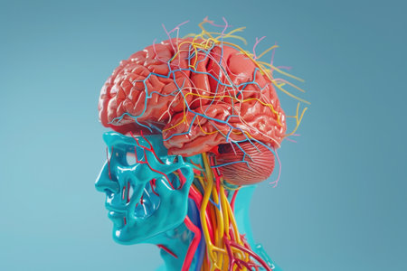 A close up of a brain with red veins and blue veinsの素材