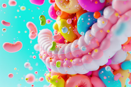 A colorful, abstract image of candy and jelly beans. The candy is in various shapes and sizes, and the jelly beans are scattered throughout the image. Scene is playful and whimsical, with the candyの素材