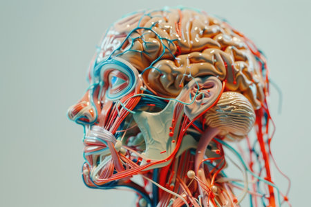 A brain with red veins and a backgroundの素材
