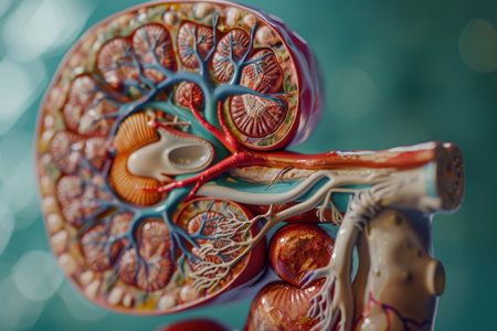 A close up of a pair of kidneys with red and orange blood vessels. The image is a representation of the human body and its internal organsの素材