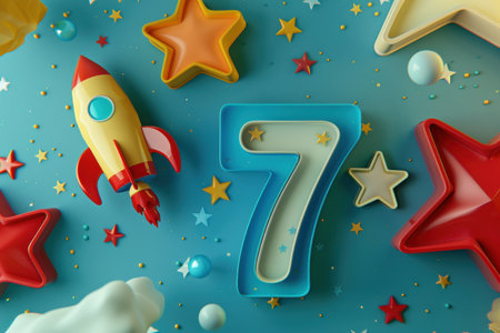 A colorful space scene with a rocket numbered 7 flying through it. The rocket is surrounded by a variety of planets and stars, creating a sense of wonder and adventureの素材