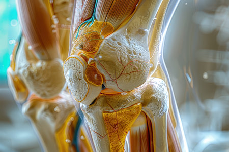 A close up of a knee joint with the bones and cartilage visible. Concept of detail and complexity, highlighting the intricate structure of the knee jointの素材