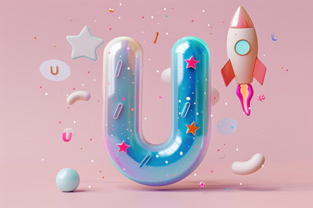 The image is a colorful and playful representation of the letter U. The U is made up of various shapes and colors, including pink, yellow, and blue. The surrounding elements include stars, a rocketの素材