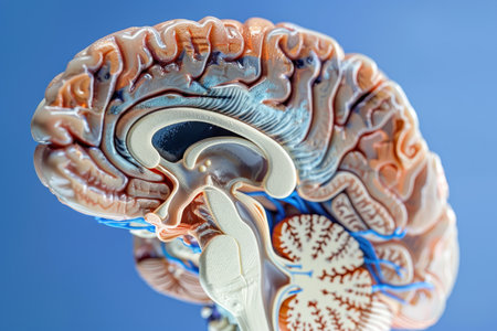 A close up of a brain with a green and blue sectionの素材