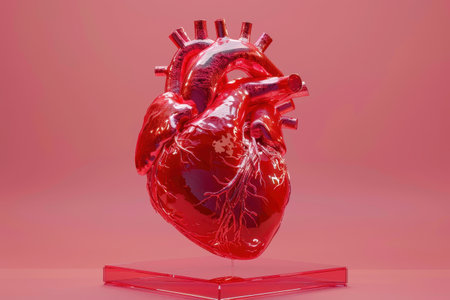A heart made of metal is suspended in a clear glass. The heart is red and shiny, and it is floating in midair. Concept of beauty and elegance, as well as a feeling of love and affectionの素材
