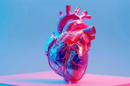 A heart made of metal with veins and a blue and red color scheme. The heart is on a table and is surrounded by a blue backgroundの素材