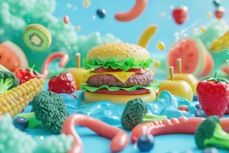 A cartoon of a hamburger with lettuce and tomato on top of a plate of fruits and vegetablesの素材