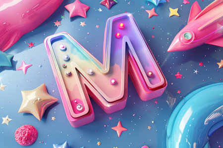 The image is a colorful and playful representation of the letter M. The letter is made up of various shapes and colors, including a pink star, a blue star, and a green starの素材