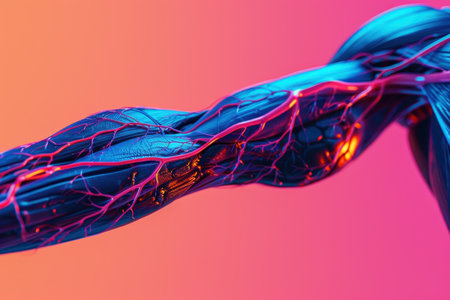 A blue and red arm with veins and red blood cellsの素材
