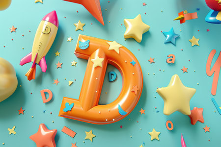 A colorful image of a letter D with a rocket and stars surrounding it. The image has a playful and whimsical mood, with the bright colors and the playful arrangement of the letters and objectsの素材