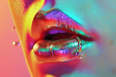 A woman with a tongue sticking out in a painting. The painting is colorful and vibrant. The woman's tongue is long and pink, and it is sticking out of her mouth. The painting has a funの素材