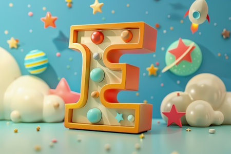 The letter E is surrounded by a galaxy of stars and planets. The letter is made of colorful blocks and has a playful, whimsical appearanceの素材
