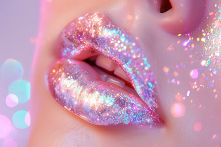 A woman with a tongue piercing and glittery makeup. The image has a bold and edgy vibe, with the woman's makeup and piercing adding to the overall lookの素材