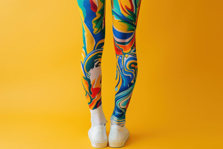 A woman with black and orange leg tattoos stands in front of a yellow background. The leg tattoos are intricate and colorful, and the woman's pose suggests confidence and pride in her body artの素材