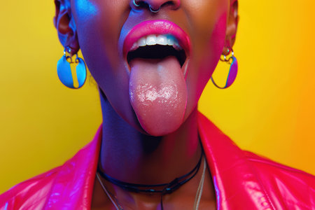 A woman with a tongue sticking out in a painting. The painting is colorful and vibrant. The woman's tongue is long and pink, and it is sticking out of her mouth. The painting has a funの素材