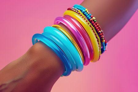 A person is wearing a lot of bracelets on their wrist. The bracelets are colorful and have different designs. The wrist is wrapped around the wrist, and the bracelets are stacked on top of each otherの素材