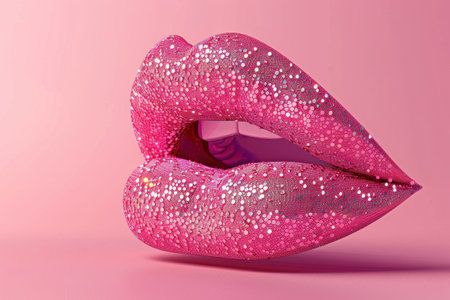 A lip made of glitter is shown on a pink background. The glitter lip is a creative and eye-catching design that adds a touch of glamour to the imageの素材