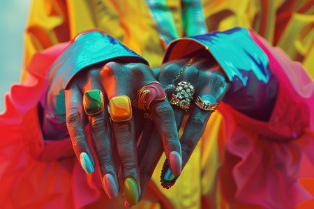 A woman is holding up her hands with a variety of rings and bracelets. The rings are of different sizes and colors, and the bracelets are also of various sizes and colorsの素材