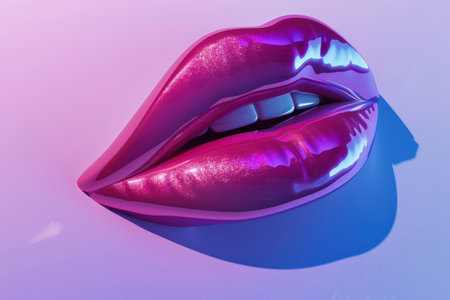 A close up of a pink lip with a shiny gloss finish. The lip is shown in a blue and purple color schemeの素材