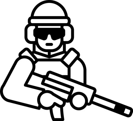 A soldier is holding a gun and wearing a helmet. Concept of duty and readiness for actionのイラスト素材