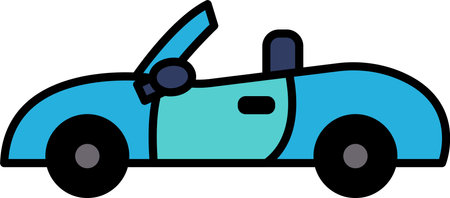 A black and white drawing of a car with the top down. The car is a convertible and has a sleek design. Scene is relaxed and carefree, as the car is open and ready to goのイラスト素材