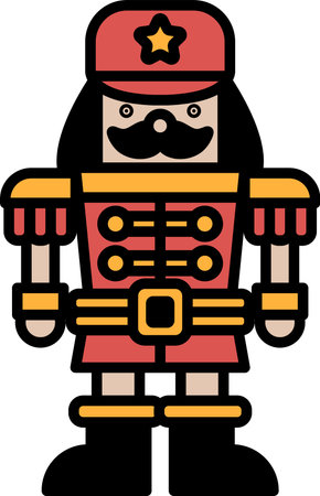 A black and white drawing of a nutcracker with a mustache and a hat. The nutcracker is standing with...