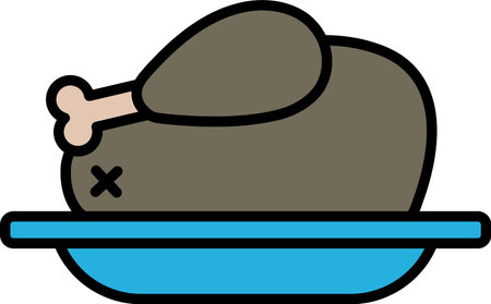 A black and white drawing of a chicken on a plate. The chicken is missing its head and wings, and the plate is emptyのイラスト素材