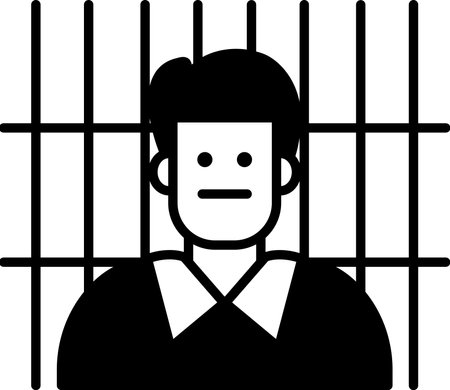 A man is in a jail cell with bars on the window. He is wearing a black shirt and a white collarのイラスト素材