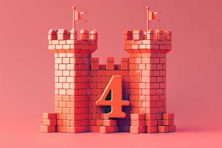 A castle made of blocks is shown in the image. The castle is made up of four blocks, each representing a number. The castle is pink in color, and it is a creative and playful design with Generative AIの素材