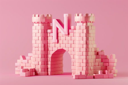 A castle made of blocks with the letters N on it. The castle is yellow and blue with Generative AIの素材