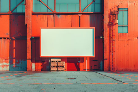 A large white screen is in the middle of a large empty warehouse with Generative AIの素材