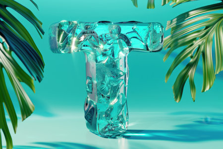 The image is a blue and white letter T with a blue splash of water on it. The water is splashing out of the T, creating a sense of movement and energy with Generative AIの素材