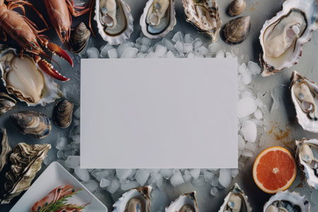 A white board with a black border is placed on a blue background. The board is empty and surrounded by oysters, lemons, and ice. Concept of freshness and abundance, with the combination of seafood with Generative AIの素材