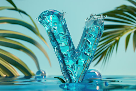 A letter V is made out of blue plastic and is on a beach. The beach is surrounded by palm trees and the ocean with Generative AIの素材