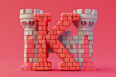 A castle with the letter K on it. The castle is made of bricks and has a pink color with Generative AIの素材