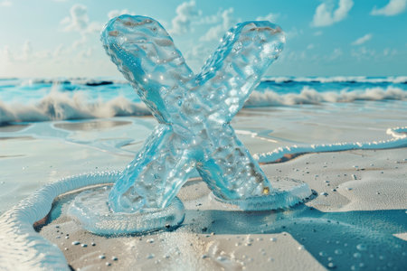 The letter X is made of ice and he is floating in the air. The blue background adds a sense of calmness and serenity to the image with Generative AIの素材