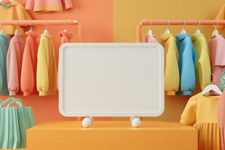 A white frame sits on a table with a variety of clothing and accessories. The frame is empty, but the surrounding items suggest a fashion-themed display with Generative AIの素材