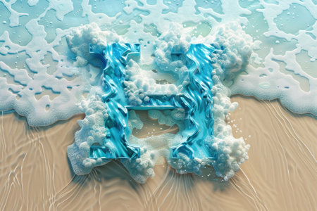 A large letter H floating in the water. The water is calm and the sky is a beautiful blue color. The letter H is surrounded by smaller bubbles, creating a playful and whimsical atmosphere with Generative AIの素材