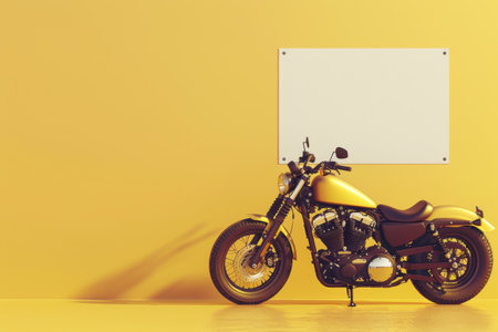 A motorcycle with a white sign on it. The motorcycle is parked on a red background with Generative AIの素材