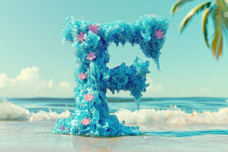The letter F is made out of blue and pink flowers. It is on a beach near the ocean with Generative AIの素材