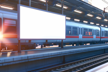 A train is parked at a station with a large white billboard in the background. The billboard is empty, but it is clear that it is there to advertise something. Scene is somewhat somber with Generative AIの素材