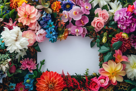 A white sign is surrounded by a colorful garden of flowers. The sign is blank, but the flowers surrounding it create a sense of life and vibrancy. The image conveys a feeling of growth and renewal with Generative AIの素材