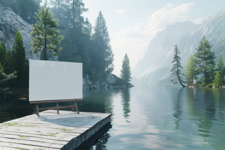 A white board is on a dock by a lake. The scene is peaceful and serene with Generative AIの素材