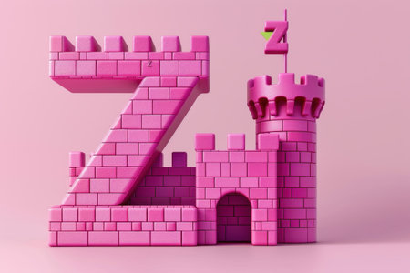 A castle with a background and the letter Z on it. The castle is made of blocks and is standing on a pink surface with Generative AIの素材