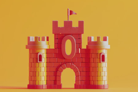 A castle with a brick archway and two towers with Generative AIの素材